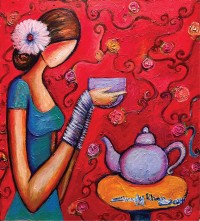 Shazly Khan, My Cup Of Tea And Blooms, 18 x 20 Inch, Acrylic on Canvas, Figurative Paintings, AC-SZK-116